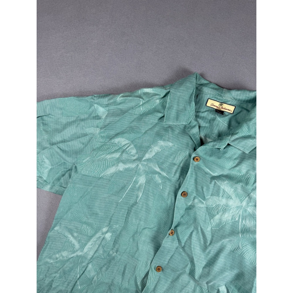 Tommy Bahama Mens Large 100% Silk Jacquard Palm Tree Camp Shirt Seafoam Green